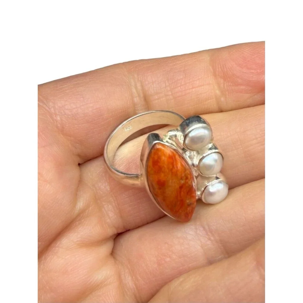 Orange Mohave Turquoise & Freshwater Pearl Ring Size 6 Solid 925 Sterling Silver